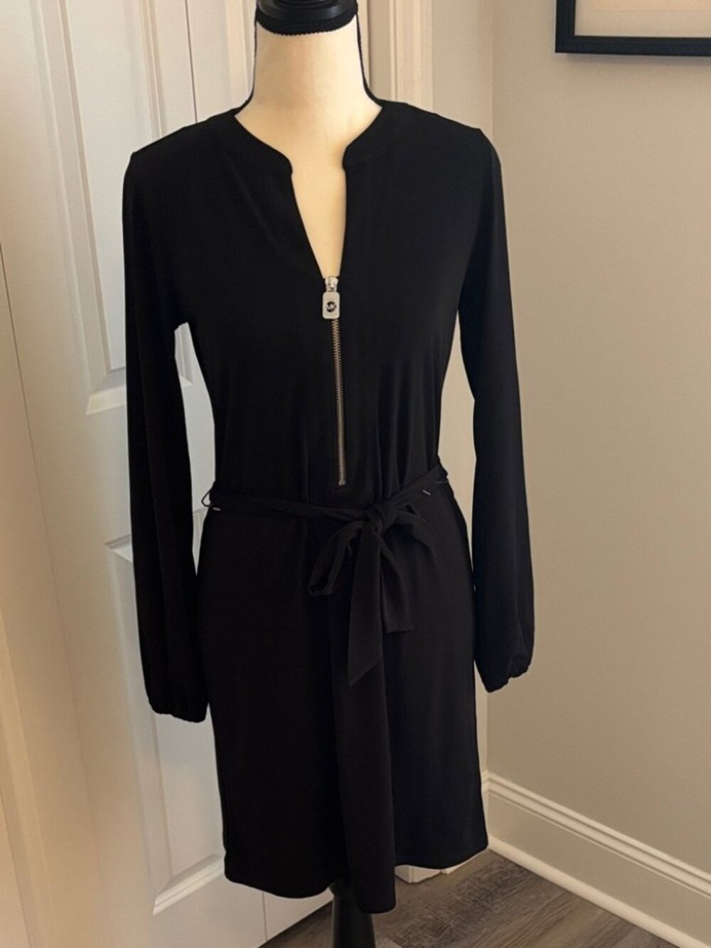 MICHAEL Michael Kors Black Long-Sleeve Zip Front Tie-Waist Dress Size XS